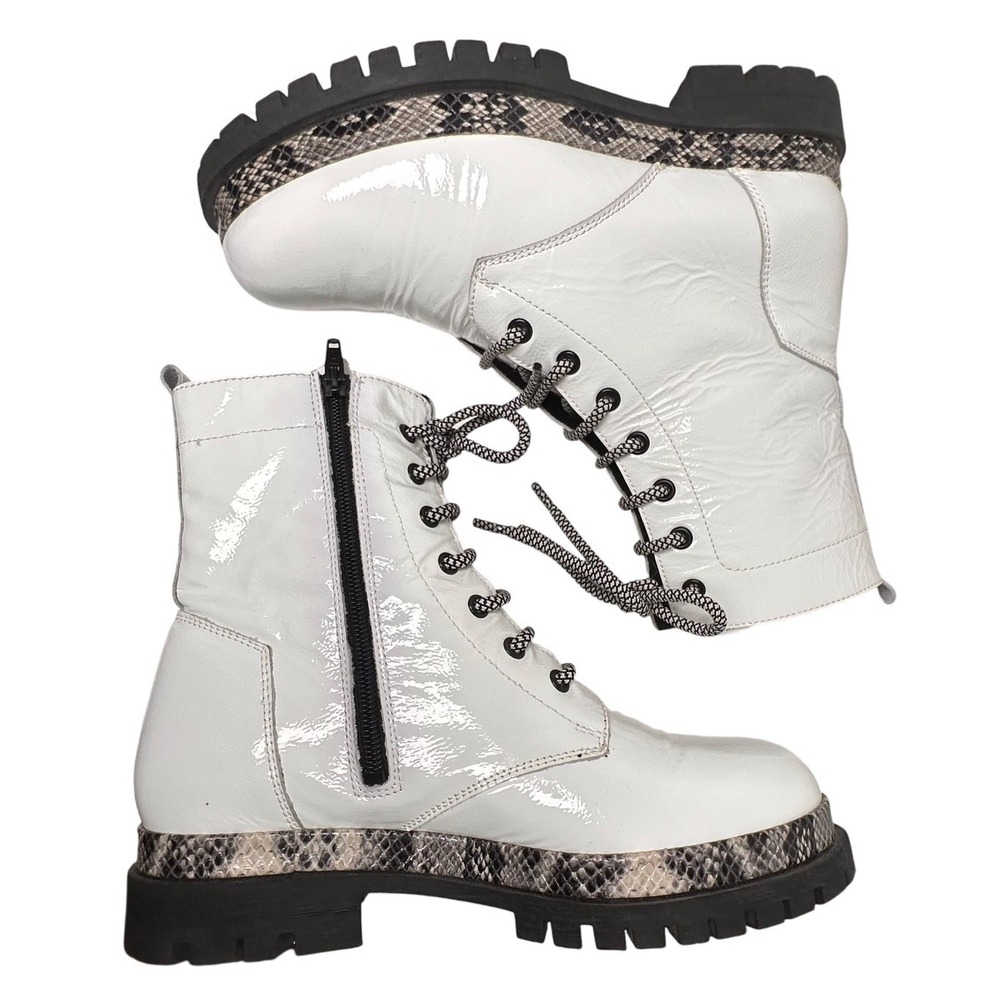 Ateliers Italy White Patent Leather Lace Up Boots Women Sz 37‎ Lug Sole Designer
